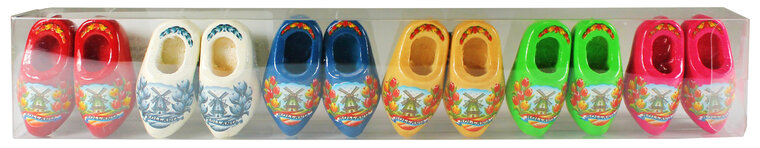 Blister 6 magneten 2 klompjes - 4 cm - rood- Delfts blauw- blauw- geel- lime- roze