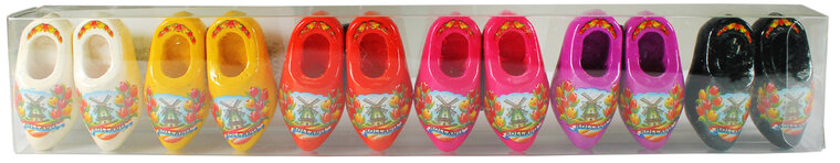Blister 6 magneten 2 klompjes - 4 cm - wit- geel- oranje- roze- paars- zwart
