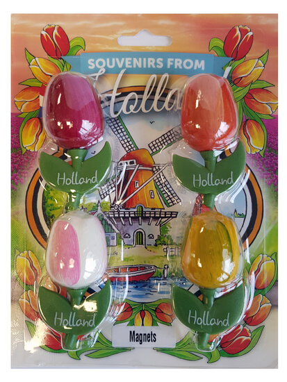 Blister 4 kleine tulp magneten - rood- oranje- wit- geel - 6 cm