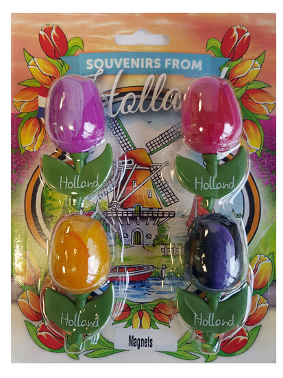 Blister 4 kleine tulp magneten - paars- roze- geel- aubergine - 6 cm