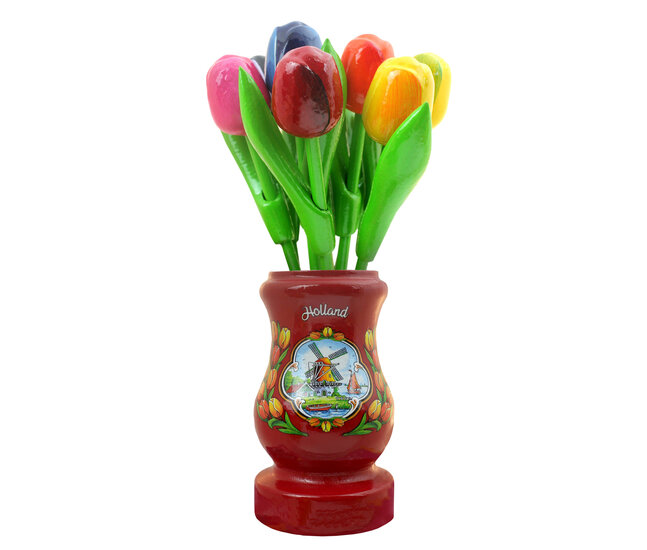 9 Tulpen (klein) in een houten vaas - 23 cm - rood - Holland