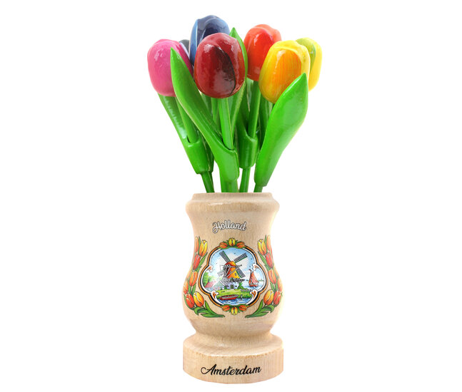 9 Tulpen (klein) in een houten vaas - 23 cm - gelakt - Holland