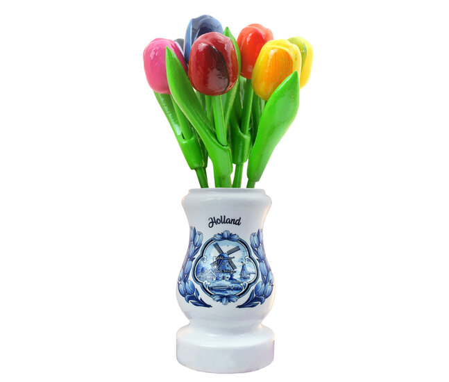 9 Tulpen (klein) in een houten vaas - 23 cm - Delfts blauw - Holland