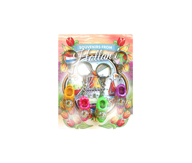 Blister 4 sleutelhanger 1 klompje - 4 cm - geel- roze- lime- paars