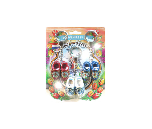 Blister 3 sleutelhangers 2 klompjes - 4 cm - rood- Delfts blauw- blauw