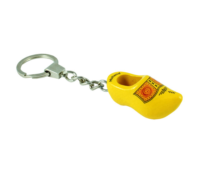 Sleutelhanger 1 klompje - 4 cm - geel - bruine bies