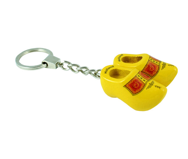 Sleutelhanger 2 klompjes - 4 cm - geel - bruine bies