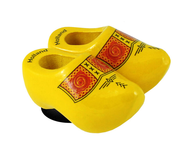 Magneet 2 klompjes - 4 cm - geel - bruine bies