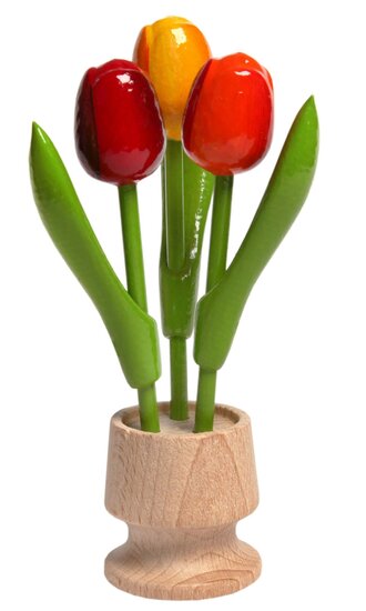 3 kleine tulpen in houten pot - rood, geel, oranje - 13,5 cm