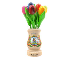 9 Tulpen (klein) in een houten vaas - 23 cm - gelakt - Holland