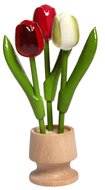 3 kleine tulpen in houten pot - rood, roze, wit - 13,5 cm