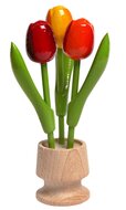 3 kleine tulpen in houten pot - rood, geel, oranje - 13,5 cm